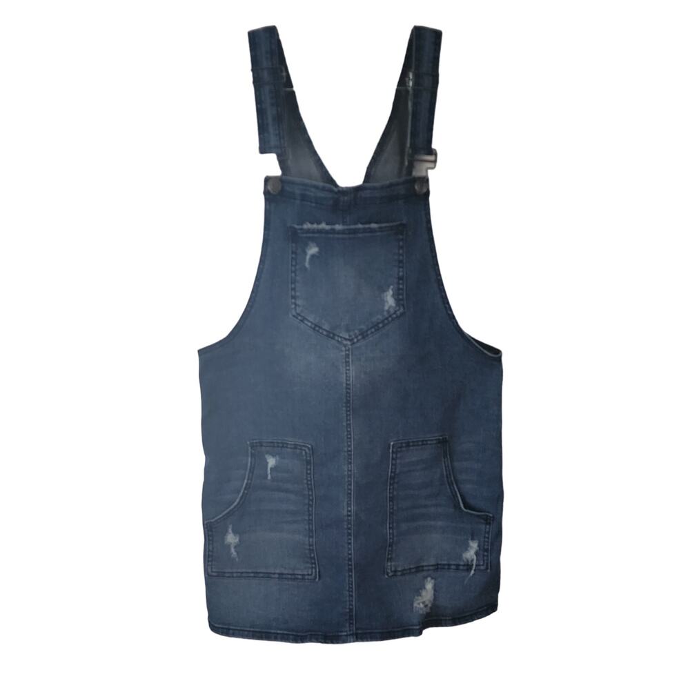 So Women's Frayed Distressed Denim Overall Bib Dress Medium